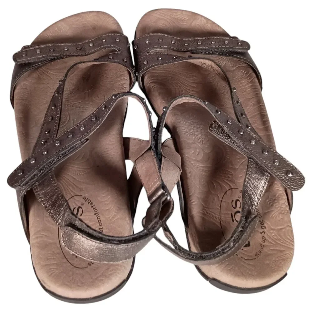 Taos Sandal Flat Pewter Gray Leather Studded Strappy Womens 9